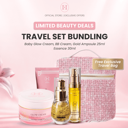 Hanna Glow Travel Glow Set | 4in1 Skincare Kit Essence + Gold Ampoule + BB Cream + Baby Glow + FREE Travel Bag