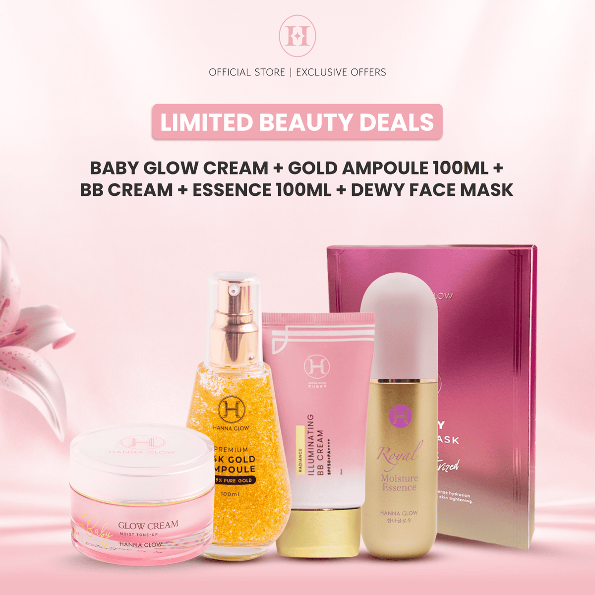 Hanna Glow Full Set Skincare 5 Produk - Gold Ampoule Royal Essence BB Cream Baby Glow Cream Dewy Face Mask